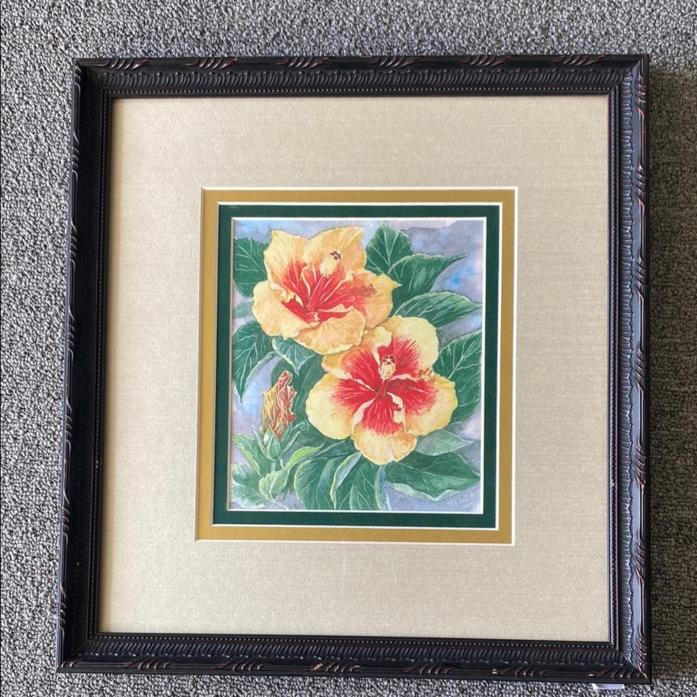 Framed Hawaiian Floral Artwork with Yellow and Red Flowers Artist Helga